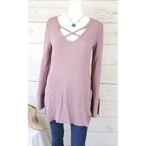 Free People Womens Sz S Criss Cross Sweater V Neck Side Slits Mauve Peplum
